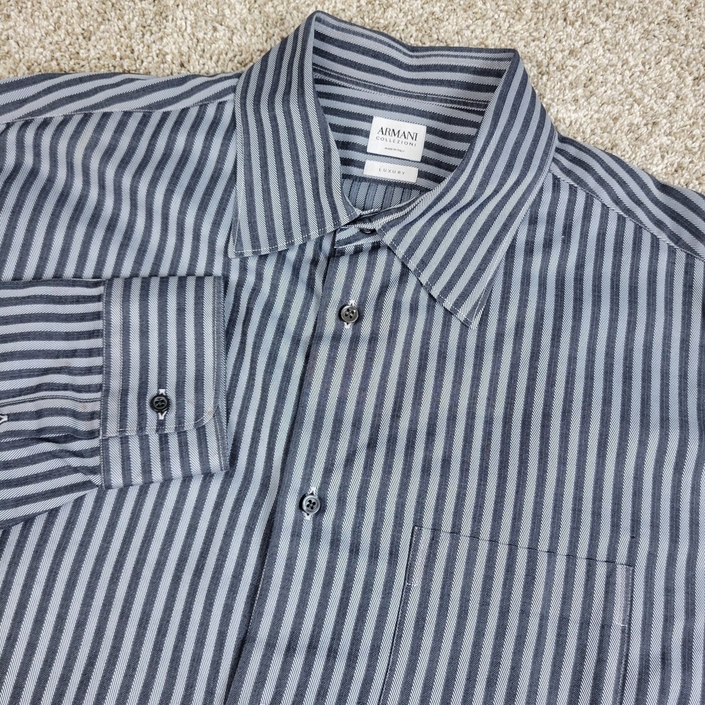 Armani Collezioni Luxury Mens XL Black Gray Striped Button Up Long Sleeve